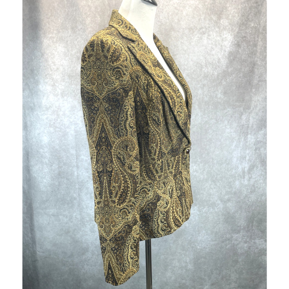 Focus 2000 Women 12 Peplum Jacket Brown Gold Paisley Topaz Jeweled Snap Closure - Picture 3 of 7